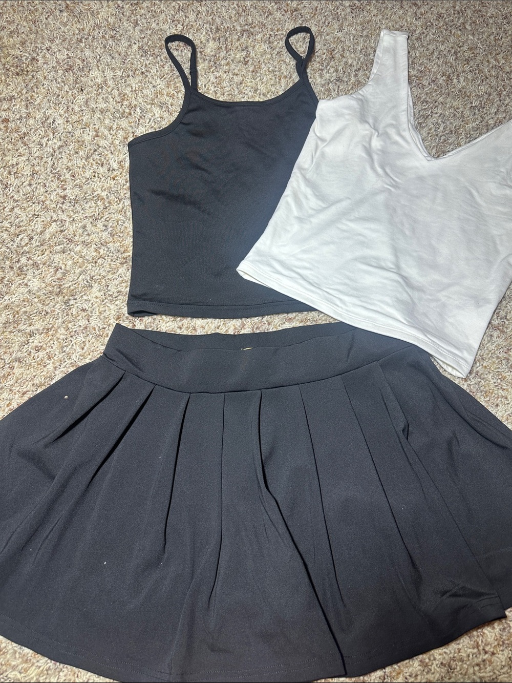 Black Pleated Skirt with Black & White Tank Tops
